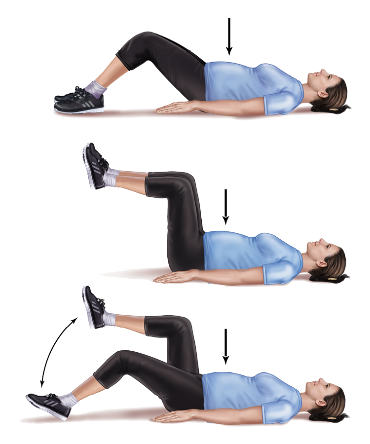 A woman lies flat on her back with her knees bent. Her arms are flat on the floor by her side. In the first image, both knees are bent. In the second image, both of her legs are raised in the air with her knees bent. In the third image, her left leg is lowered to the floor, with her knee still bent and her heel touching the floor. Her right leg is still raised in the air with the knee bent.