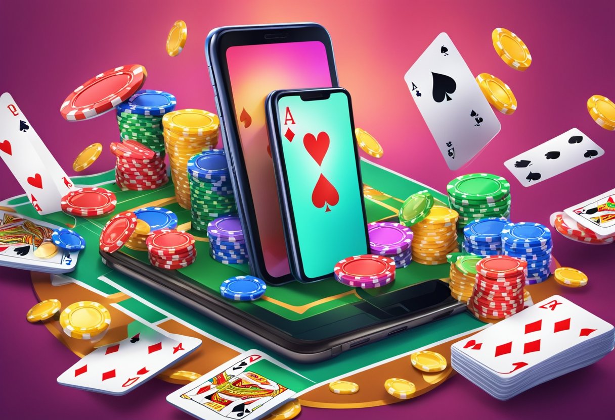 A mobile phone with a casino app open, surrounded by casino chips and playing cards, with a backdrop of a vibrant casino setting