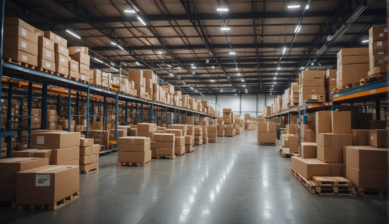 An Amazon FBA warehouse bustling with activity, filled with shelves stocked with products ready for shipment. A comparison chart on the wall shows Amazon FBA vs dropshipping