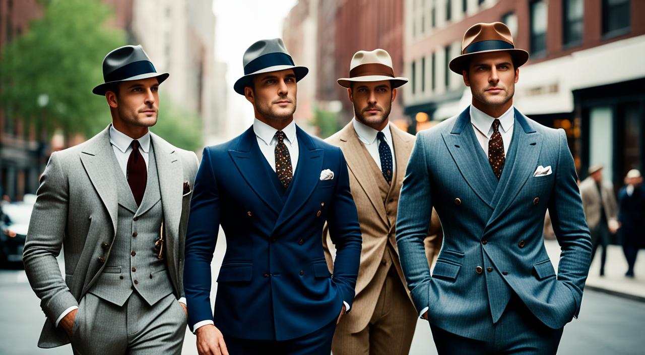 Create an image of three dapper men standing together on a city street, each wearing iconic 1920s mens fashion. The first man is wearing a double-breasted suit with wide lapels and a fedora hat, while the second man is donning a three-piece suit with pleated trousers and a pocket watch. The third man is dressed in a loose-fitting blazer with contrasting trousers and a newsboy cap. The men's clothing should evoke a sense of timeless elegance and sophistication, with attention to the intricate details such as cufflinks, tie pins, and pocket squares. The city street should be bustling with activity, with vintage cars and storefronts in the background. The mood of the image should be nostalgic and romantic, capturing the spirit of a bygone era.