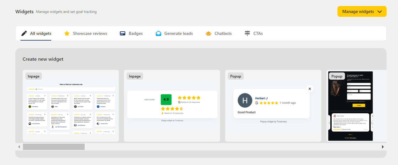 screenshot that shows the different widget categories and examples