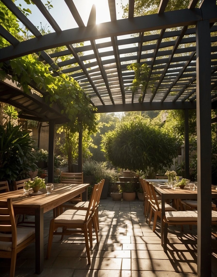 A pergola stands tall with a cozy outdoor dining area underneath. The sun shines through the slatted roof, casting dappled shadows on the table and chairs. Lush greenery surrounds the space, creating a peaceful and inviting atmosphere