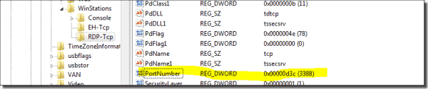 RDP port setting from the registry