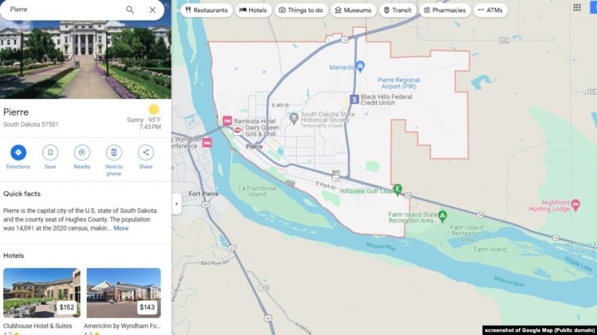 Thủ phủ Pierre của bang South Dakota, Mỹ, trên Google Map.