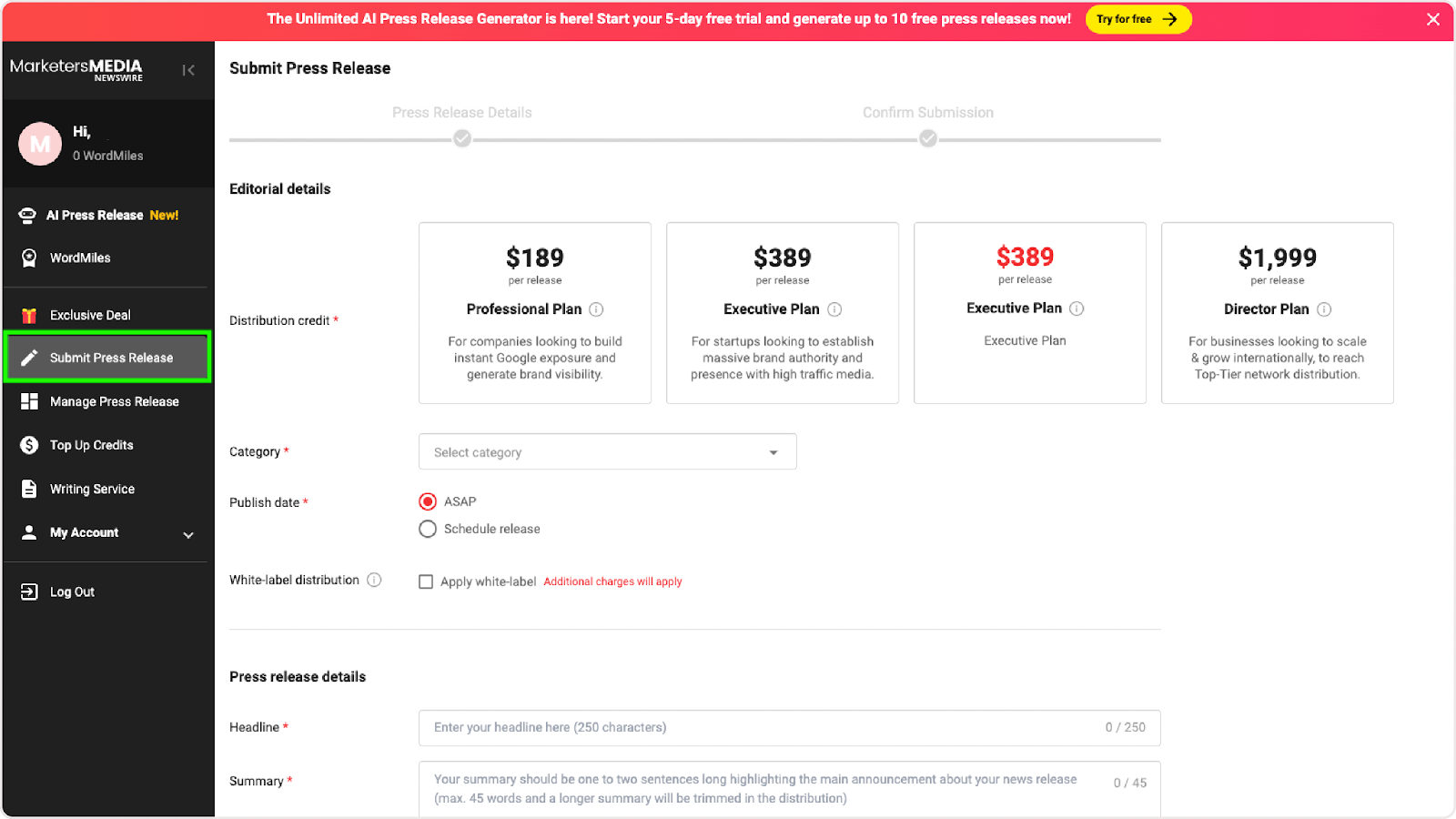 Screenshot of MarketersMEDIA Newswire submission page displaying different pricing plans for press releases.