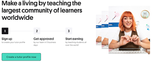 The Preply website offering the opportunity to start making a living teaching in 3 steps: Sign up, get approved, start earning. 