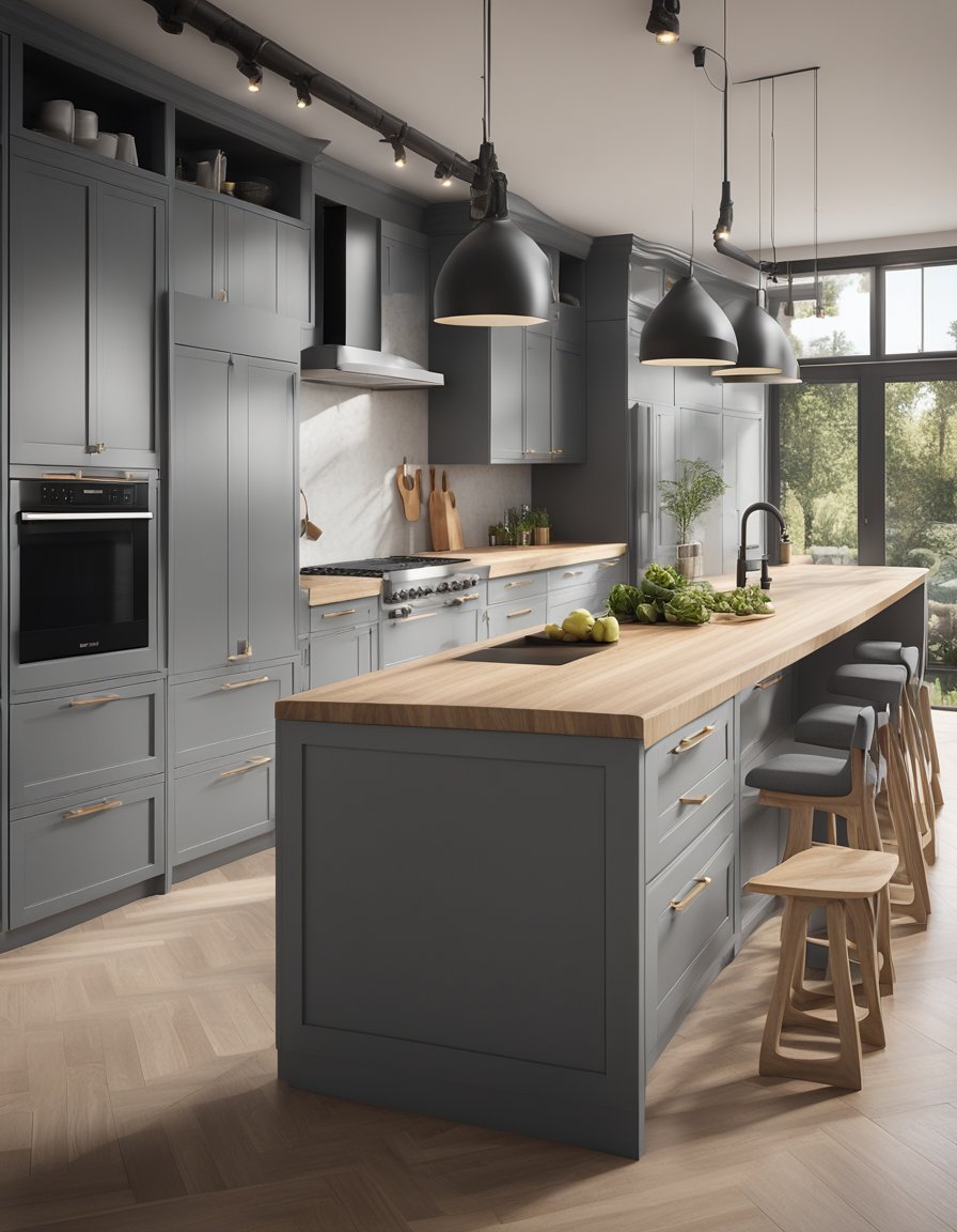 Gray cabinets contrast with light butcher block countertops, creating a modern kitchen