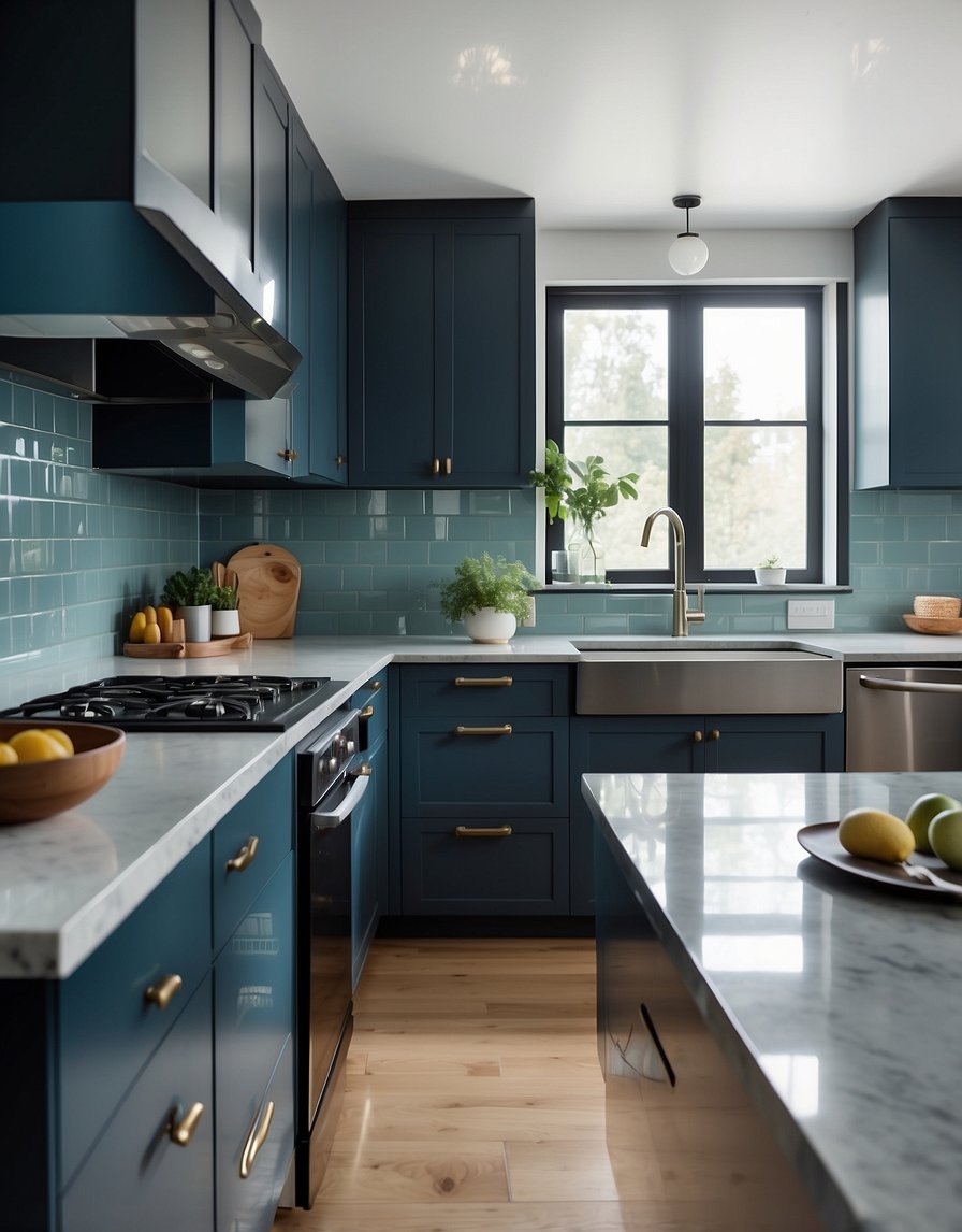 A modern kitchen with steel blue cabinets, sleek countertops, and minimalistic hardware