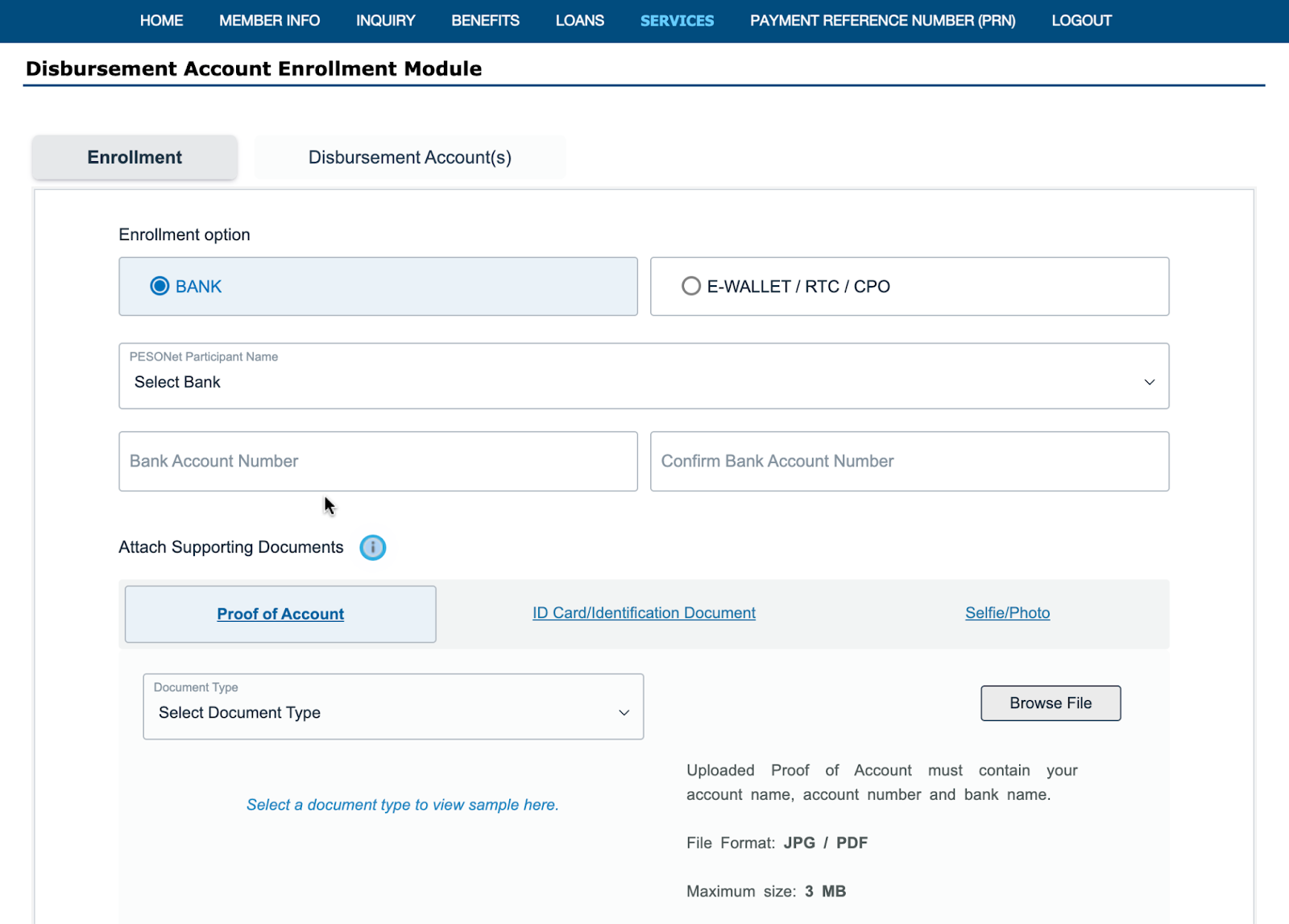 An SSS webpage where you will enter your disbursement bank details.