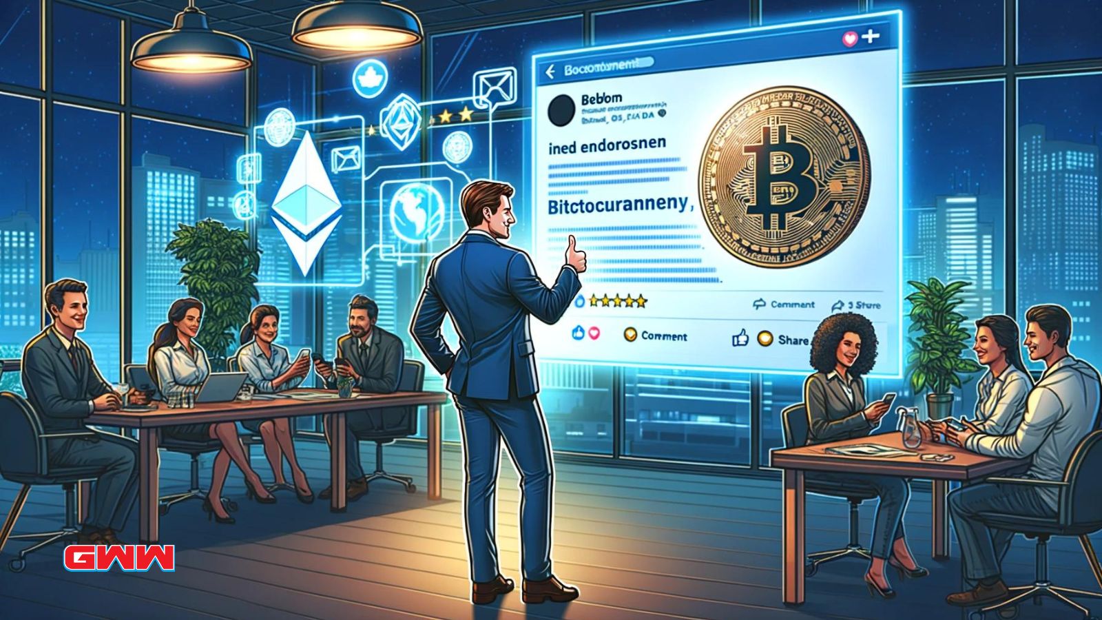 A scene depicting a high-profile figure endorsing cryptocurrency on a social media platform