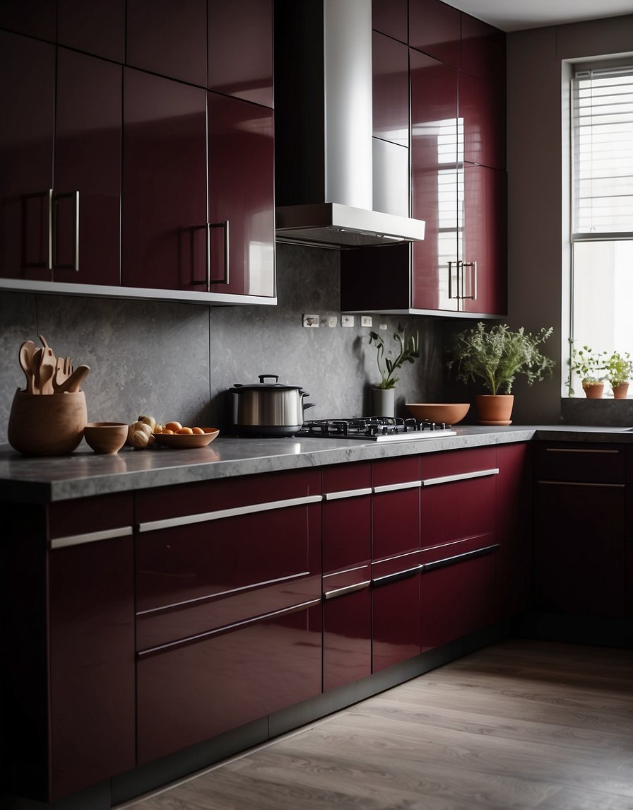 A kitchen with maroon cabinets, muted lighting, and minimalist decor