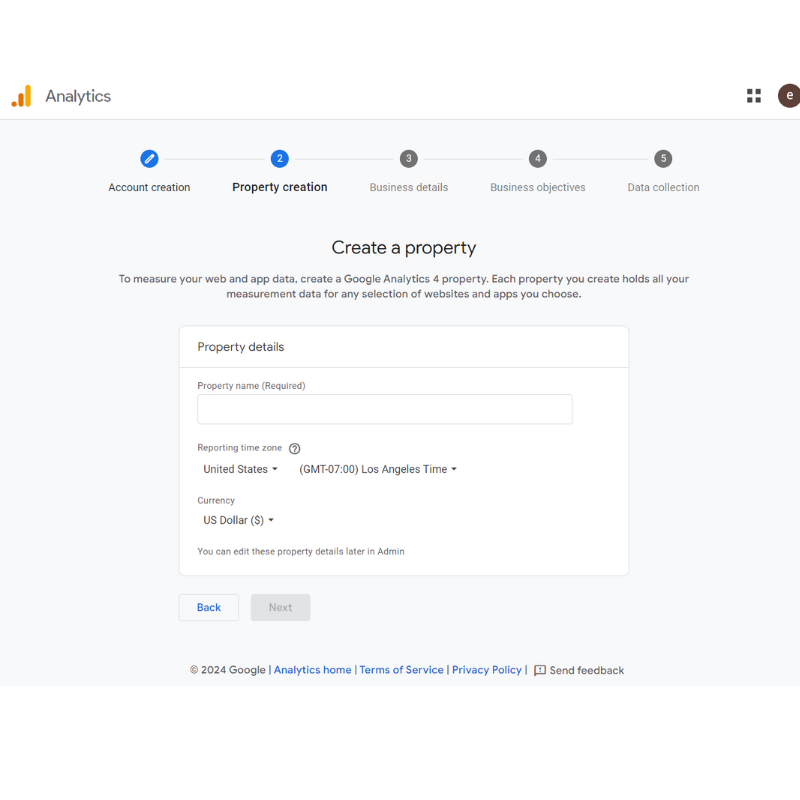 Create a property page on Google Analytics