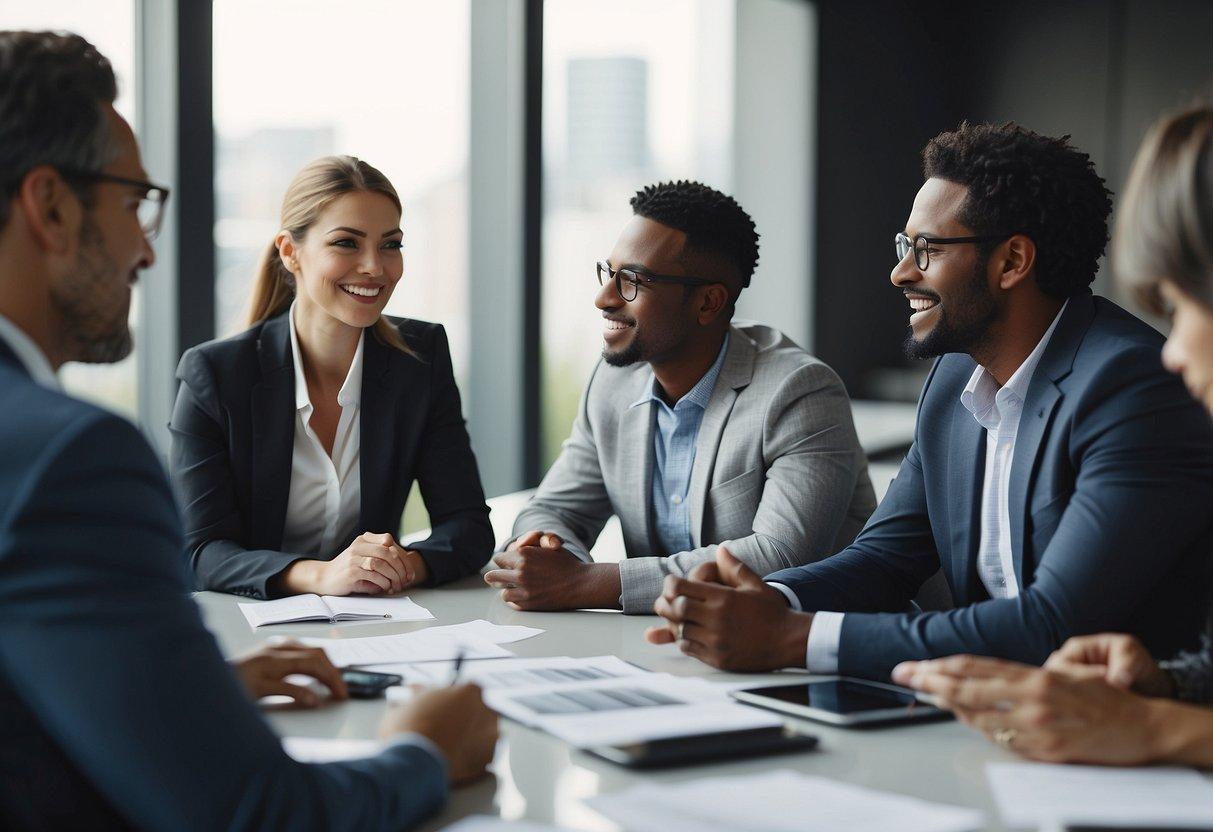 A group of diverse individuals collaborating, communicating, and problem-solving together in a professional setting, displaying strong leadership and teamwork skills