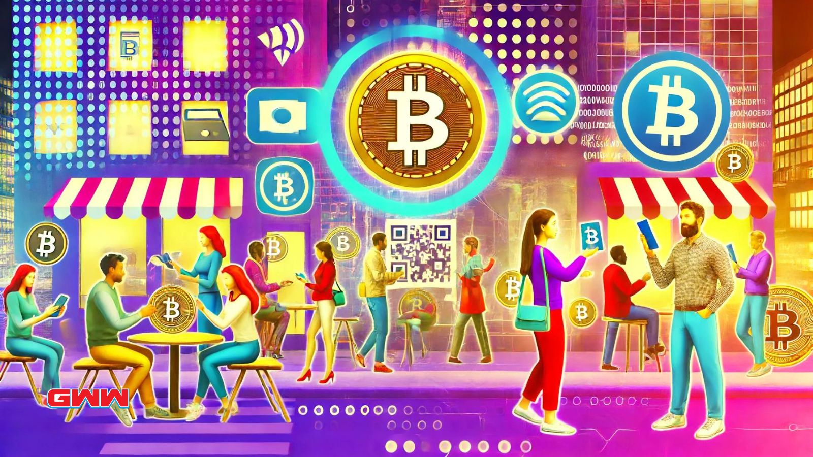 People using Bitcoin for transactions in a colorful digital marketplace