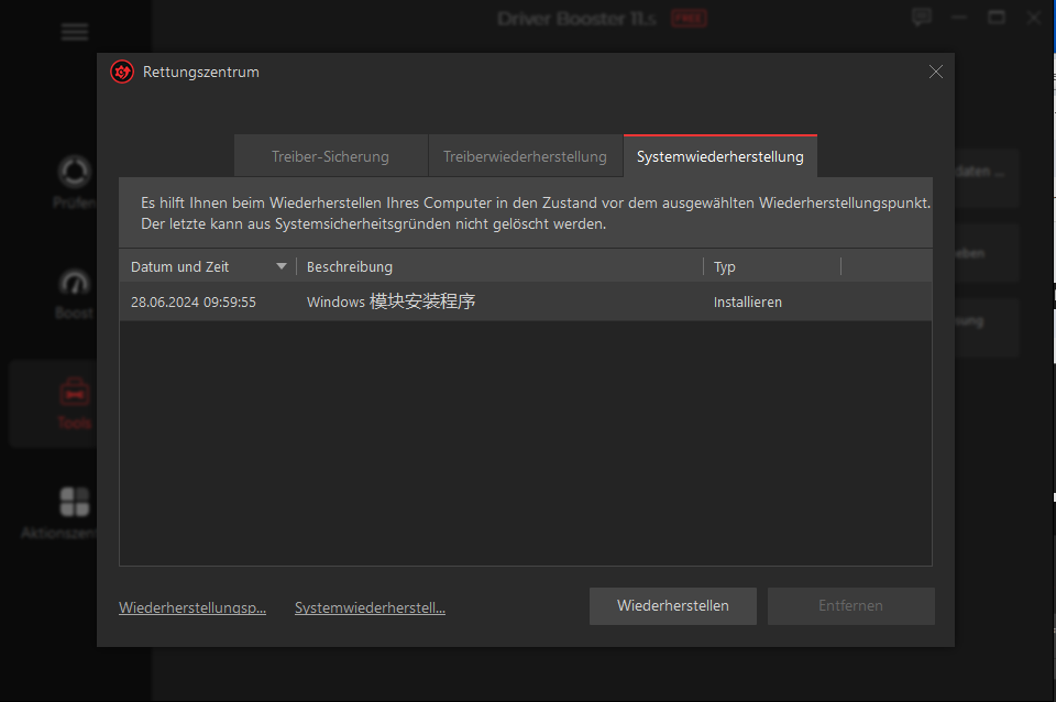 Systemwiederherstellung in Driver Booster