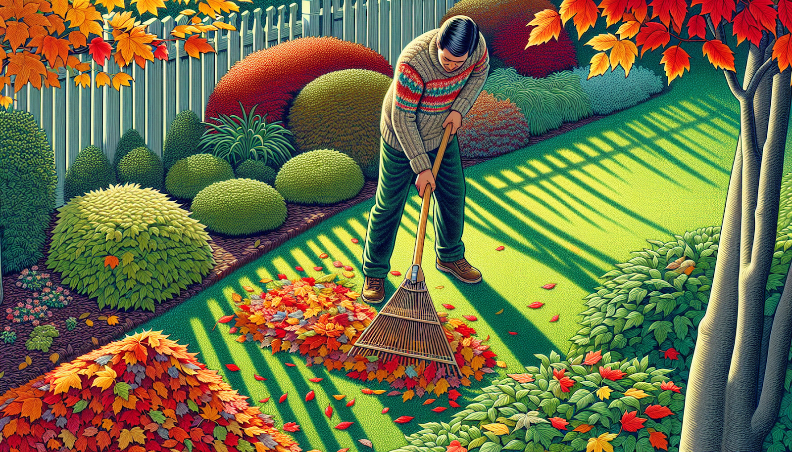 Illustration of a person raking fallen leaves in a garden