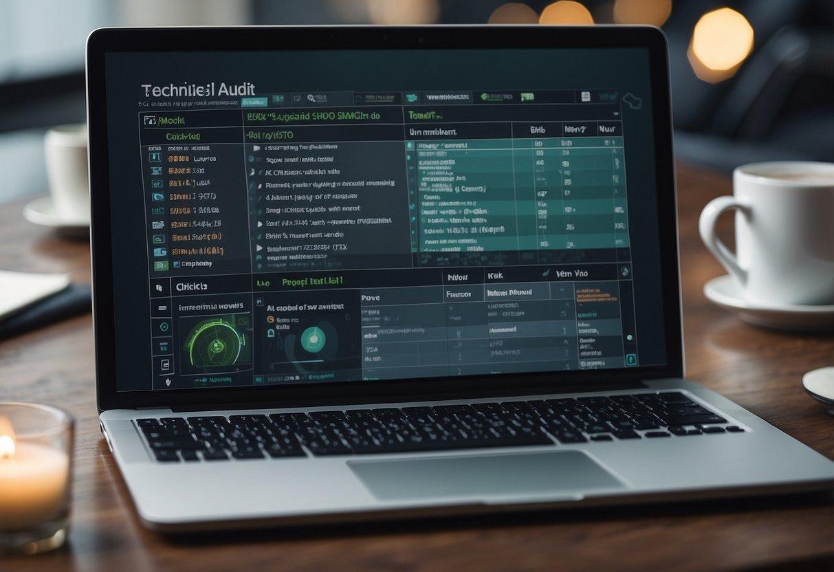 A computer screen displaying a checklist of technical SEO audit steps with a magnifying glass hovering over it