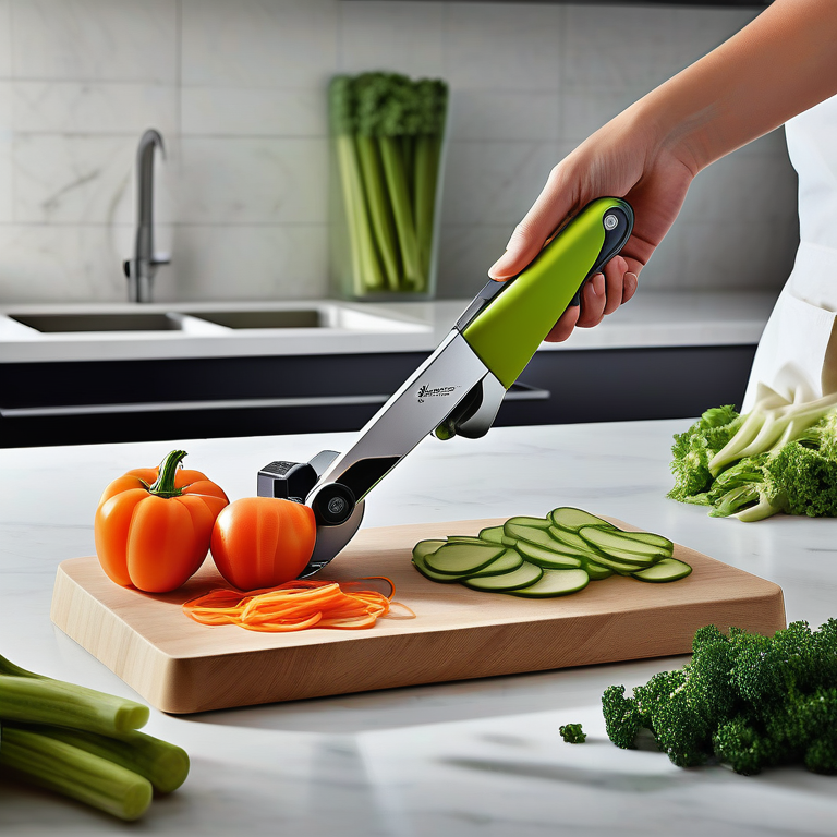 Manual vegetable cutter on a kitchen counter surrounded by fresh, assorted vegetables.