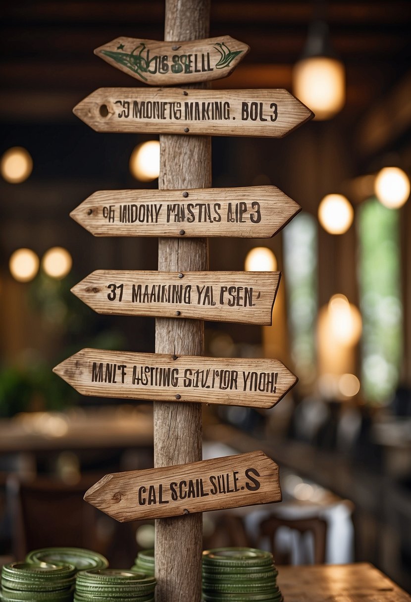 A collection of wooden signs with the text "31 Money Making Crafts That Sells Easily" displayed in a rustic and charming setting