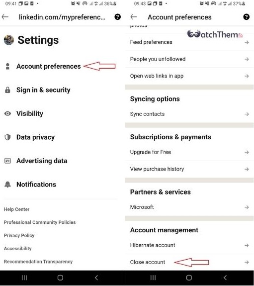 Deleting LinkedIn Account From Mobile: Click Account Preferences and the Click Close Account