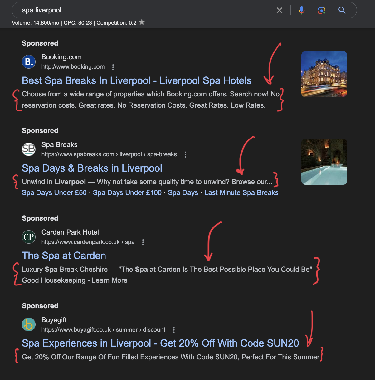 Examples of Google Ads descriptions from a search for spas in Liverpool