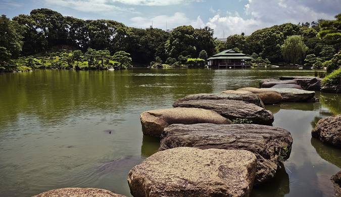 Lake view of leafy green garden in Japan