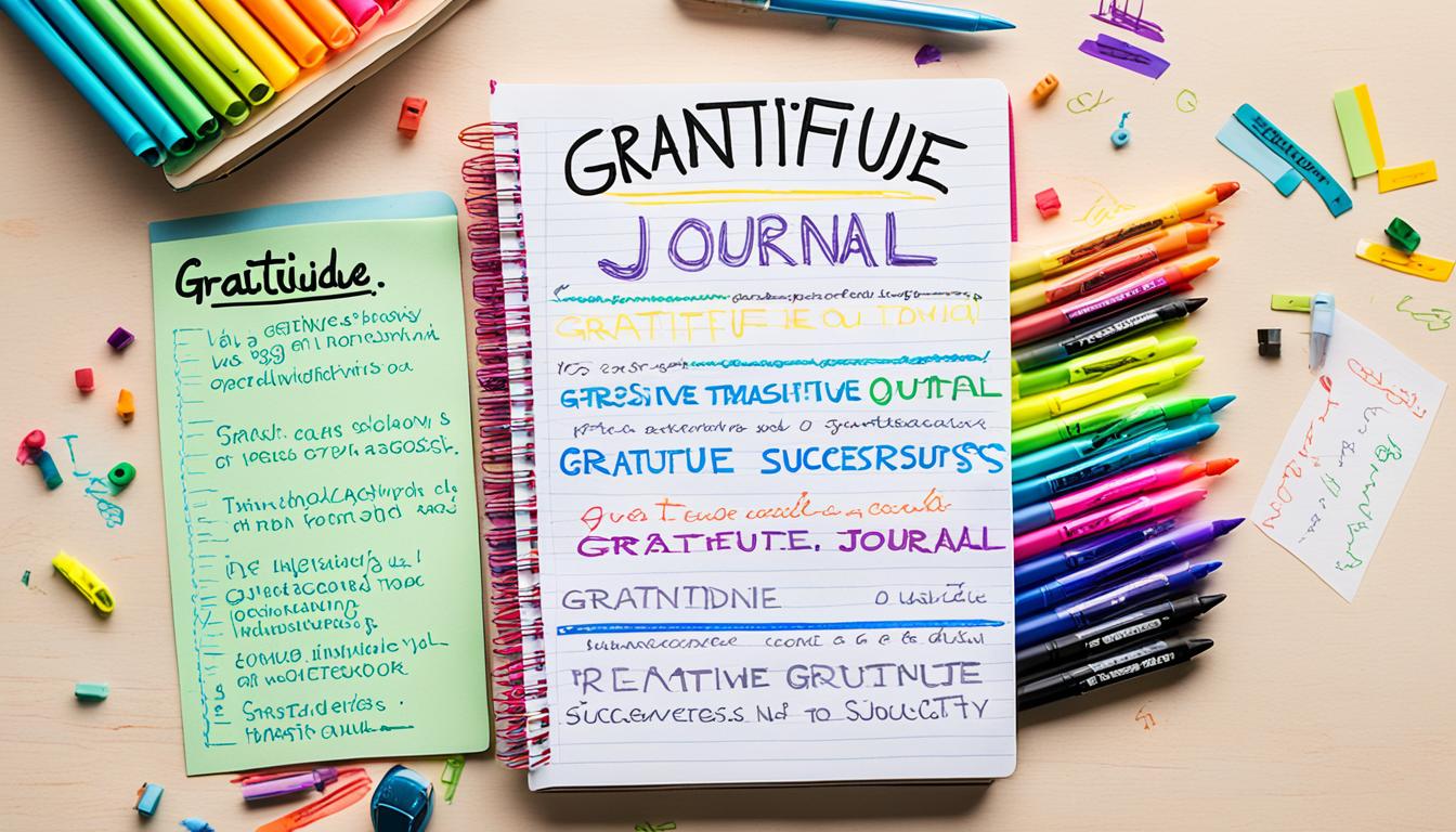 A notebook with "Gratitude Journal" written on the cover, surrounded by a variety of colorful pens and markers. The notebook is open to a page filled with handwritten notes about what the student is grateful for in regards to their academic success. In the background, there is a stack of textbooks and study materials with a highlighter lying on top. A beam of glowing light shines down on the notebook as if highlighting the importance of gratitude in achieving good grades.