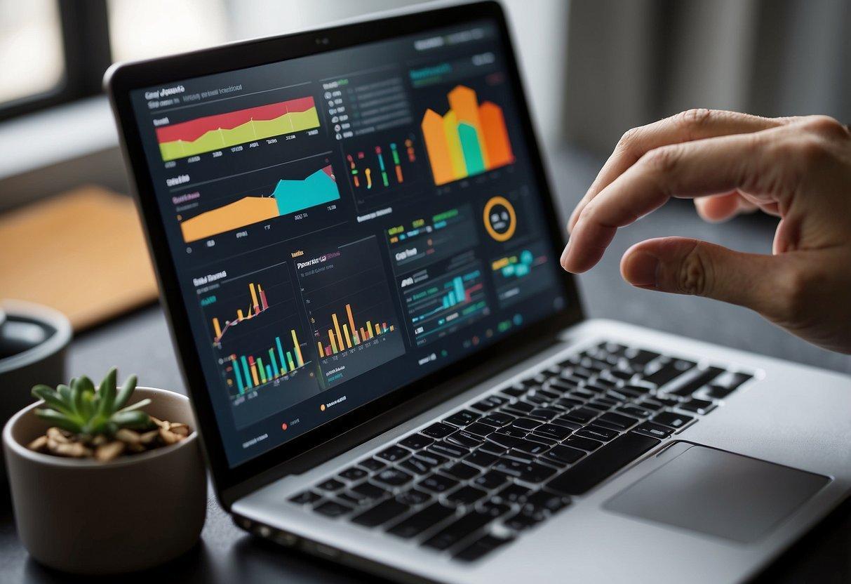 A computer screen displaying a website's analytics dashboard, with charts and graphs showing site performance metrics. A person's hand is seen using a mouse to navigate through the data