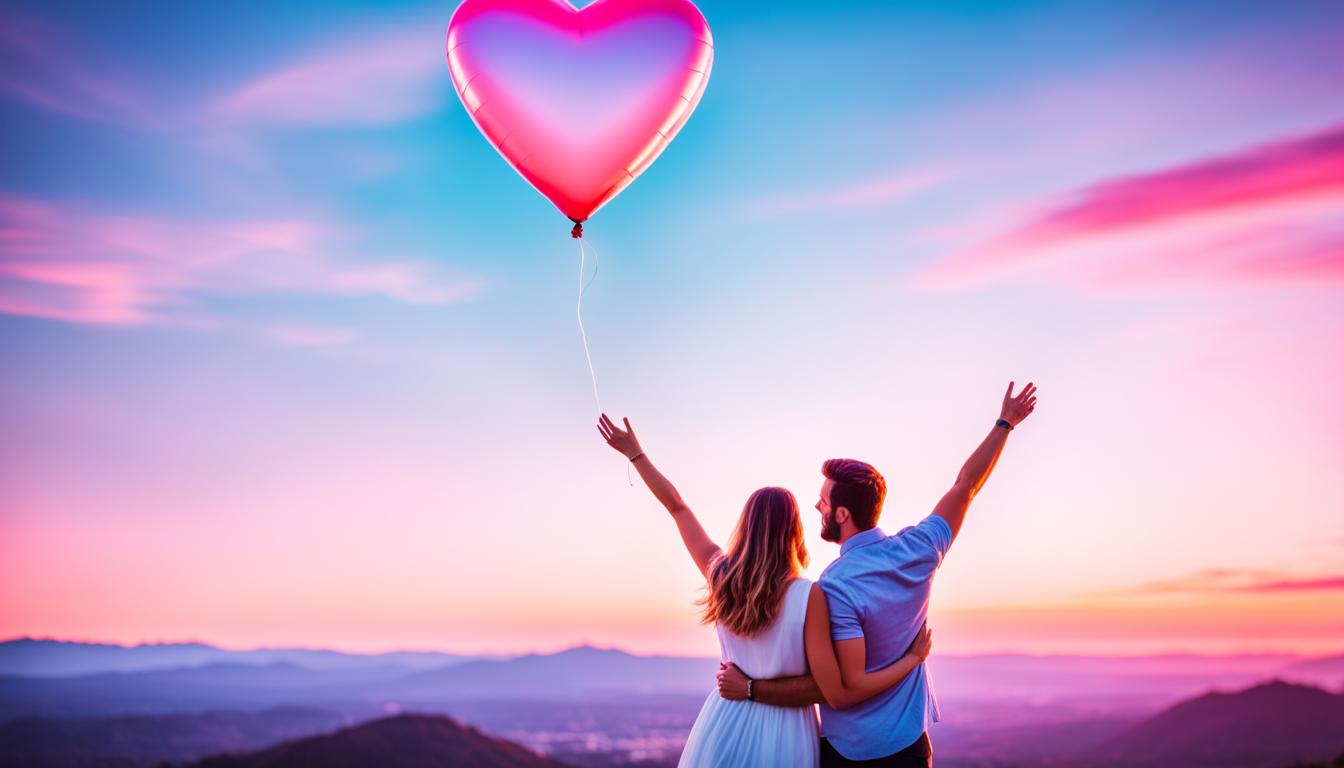 An image that portrays the concept of manifesting love and relationships. Show two hands holding a heart-shaped balloon, with vibrant colors surrounding them. The hands should be slightly blurred, representing movement and intention. In the background, depict a beautiful landscape with a pink hue, symbolizing the energy of love. Add in the silhouette of a couple standing on top of a hill, representing the manifested relationship. The image should evoke feelings of hope, positivity, and joy.