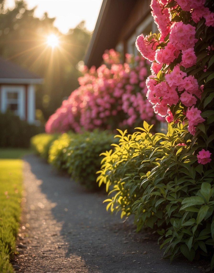 A row of 21 weigela bushes lines the front of a house, with vibrant pink and red flowers in full bloom. The sun casts a warm glow over the scene, creating a picturesque and inviting atmosphere