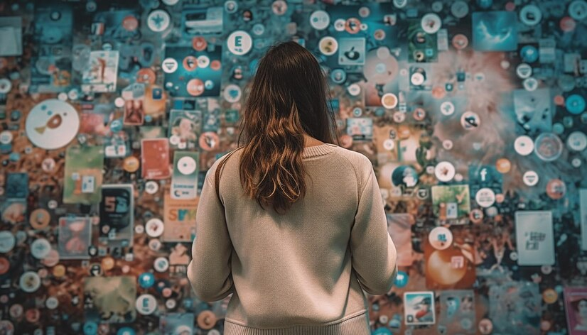 Woman observing a wall filled with various social media icons.