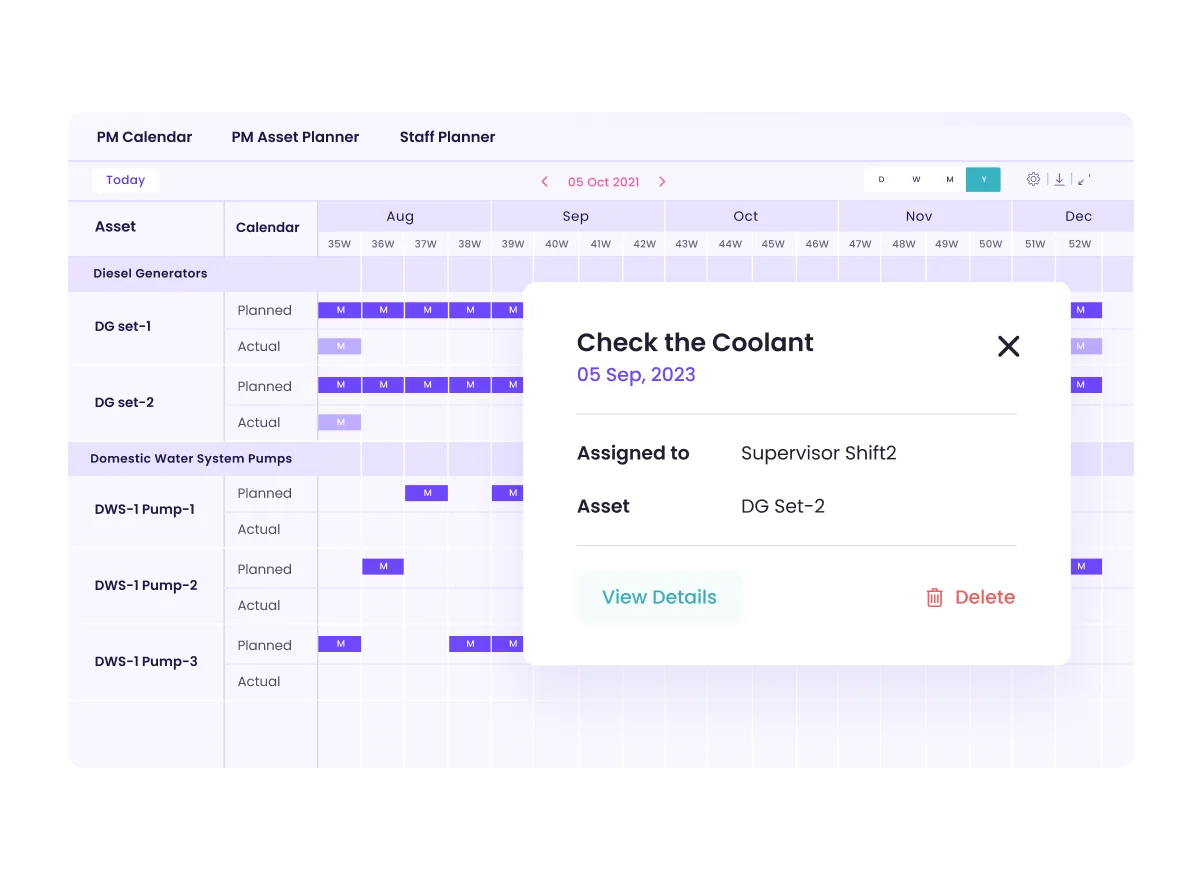 A screenshot featuring a schedule for Diesel Generators and Domestic Water System Pumps with planned and actual maintenance marked in monthly intervals, and a highlighted task to “Check the Coolant.”