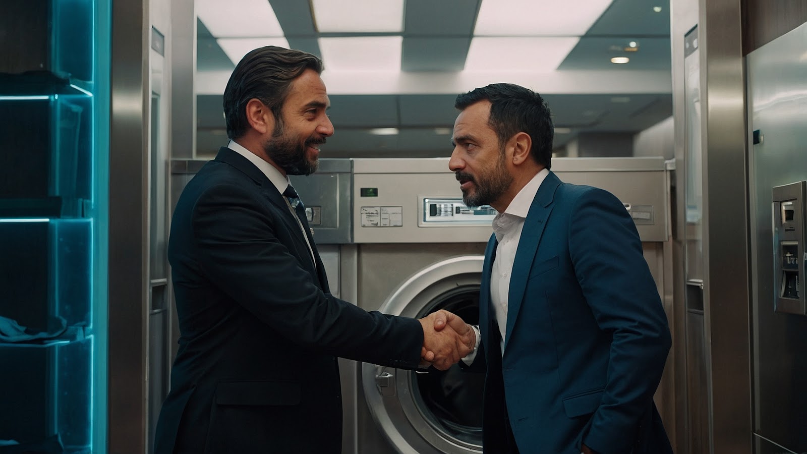 Deux hommes d'affaires dans une laverie automatique