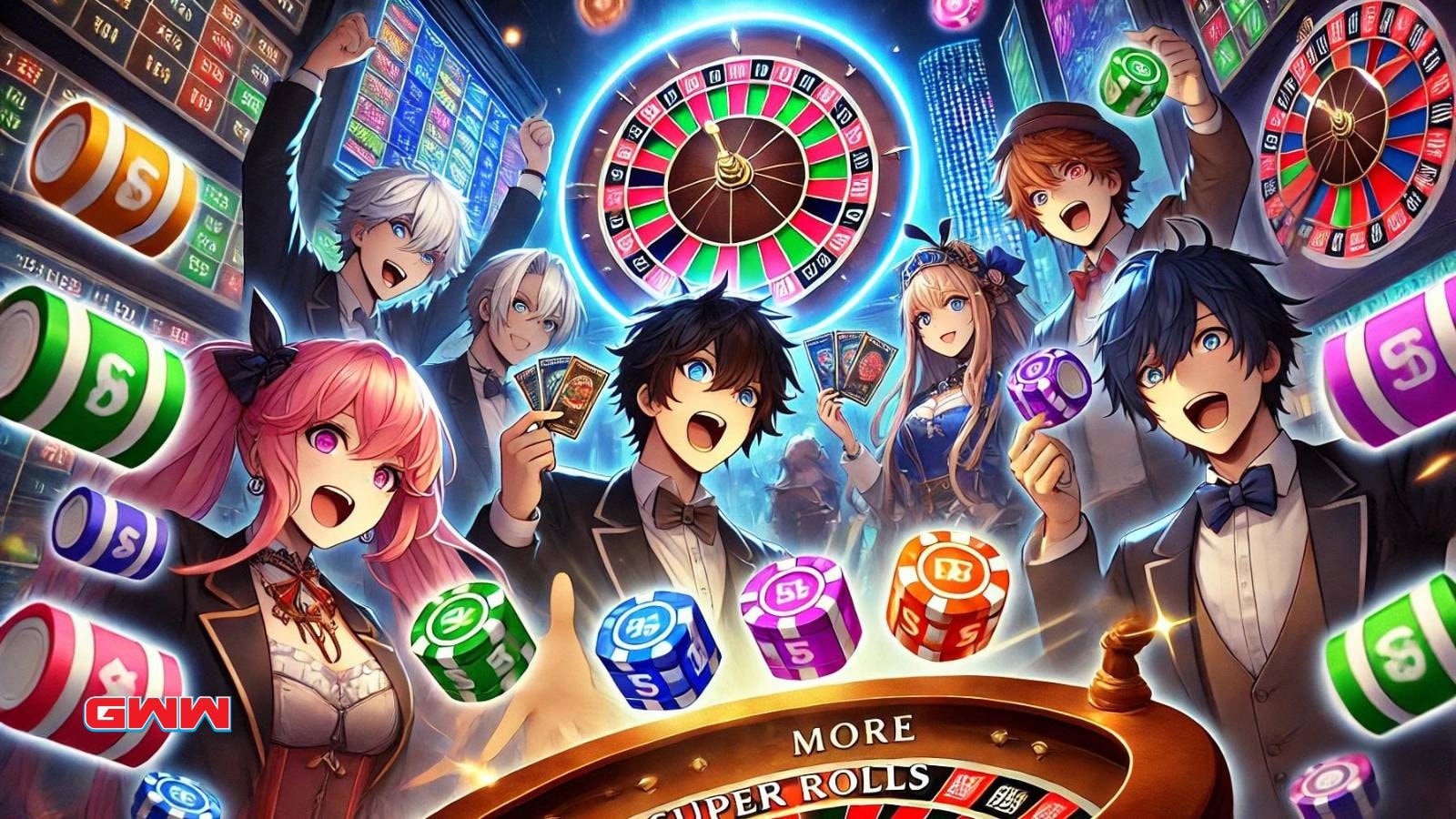 An anime-themed scene showcasing characters obtaining more super rolls in an anime roulette game.