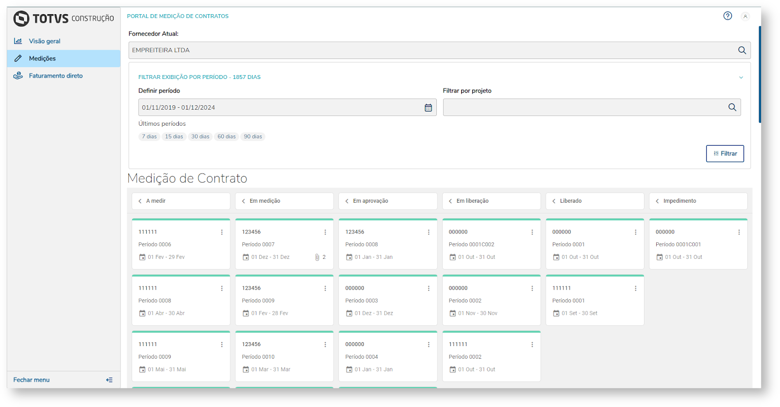 Print de tela do Portal de Medição de Contratos, com muitas inovações para a Release 12.1.2406 TOTVS Construção