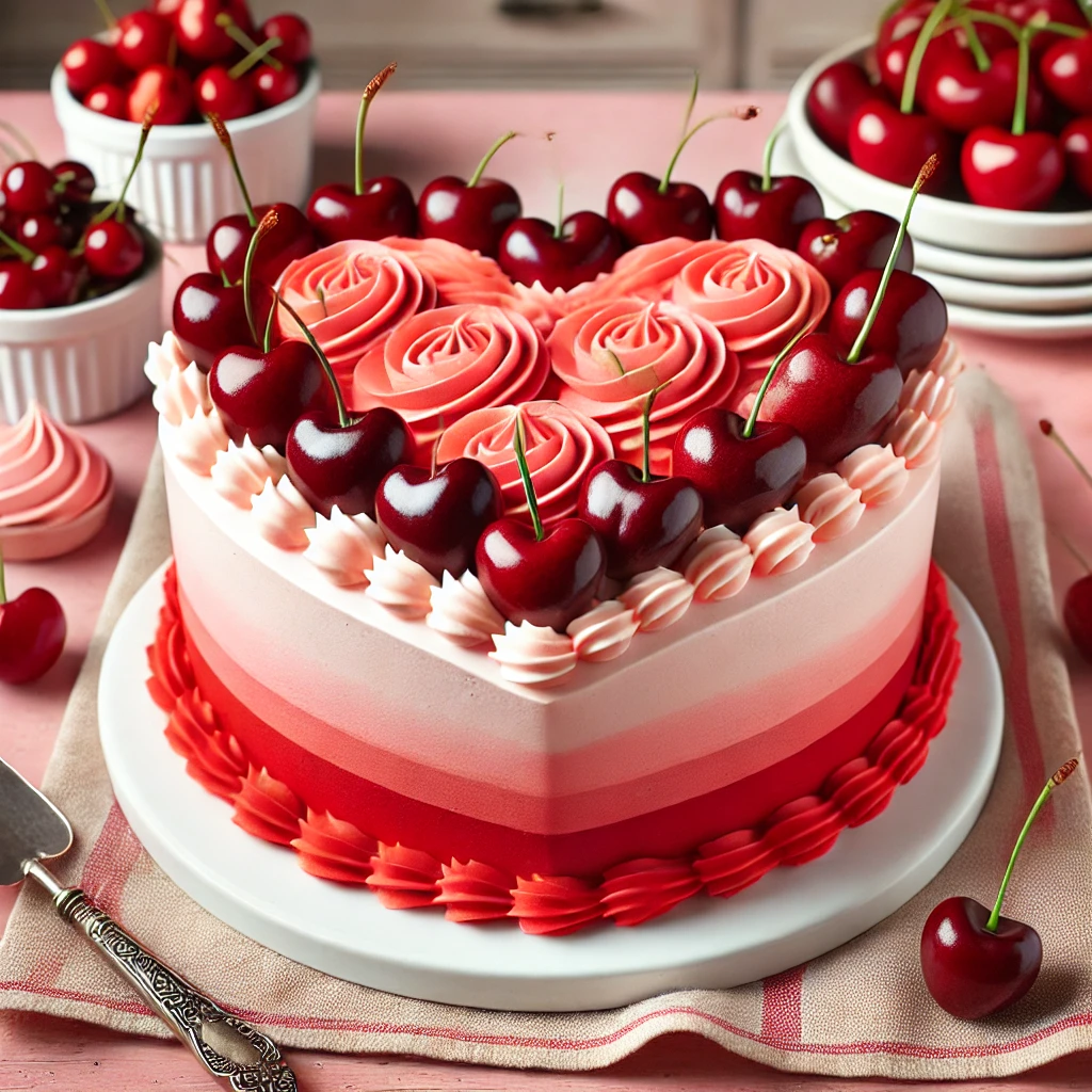 Red and Pink Heart-Shaped Cake with Cherries