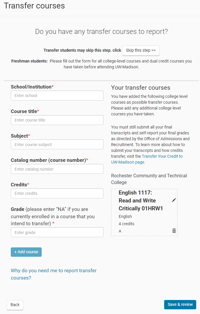 screenshot of Transfer courses entry page
