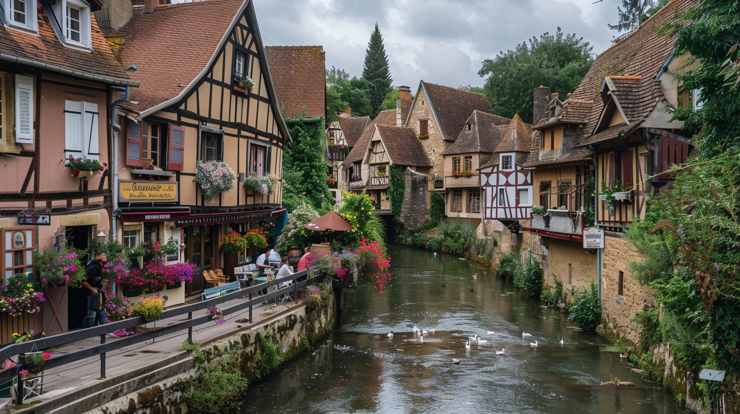 A small canal in between quaint houses in Normandy, France