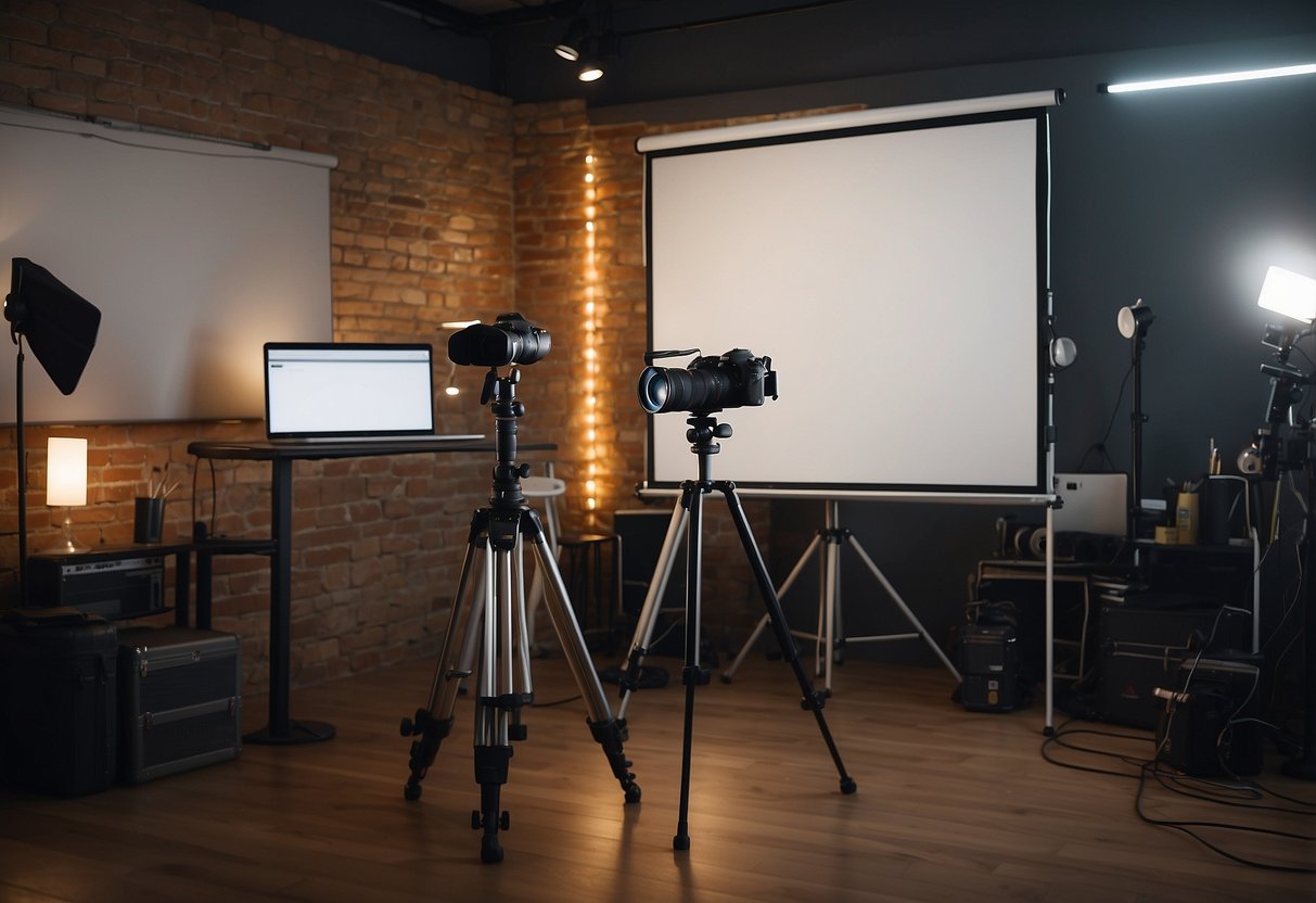 A well-lit studio with a camera on a tripod surrounded by props like a microphone laptop and lighting equipment A whiteboard with vlogging strategies written on it