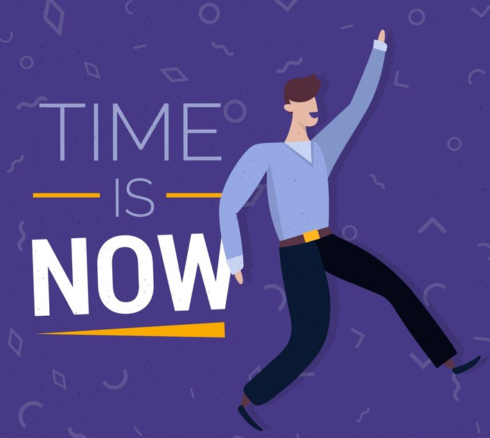 Motivational quote "time is now" with vector illustration of a person