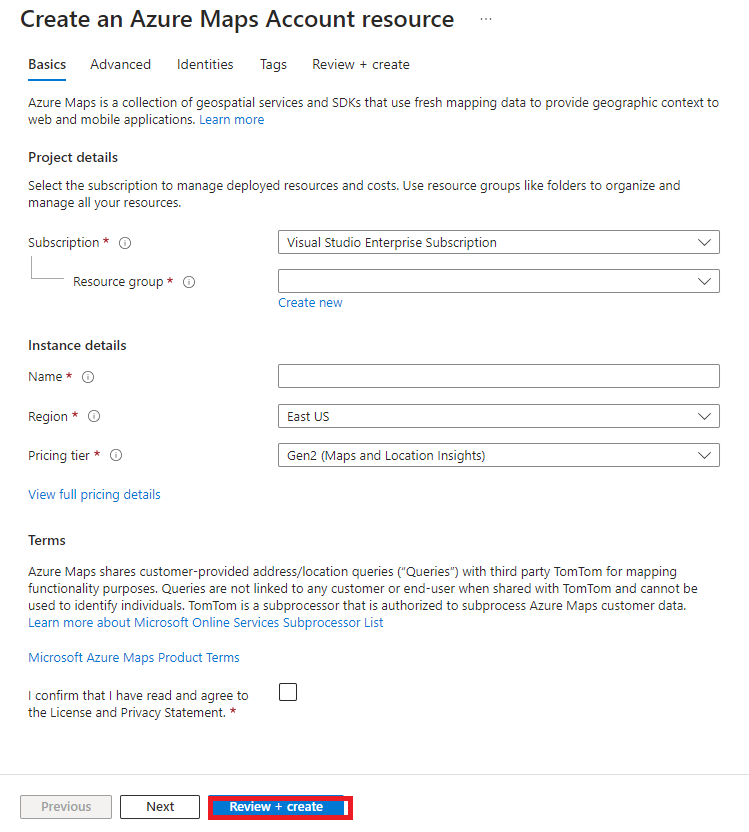 Create an Azure Maps Account resource