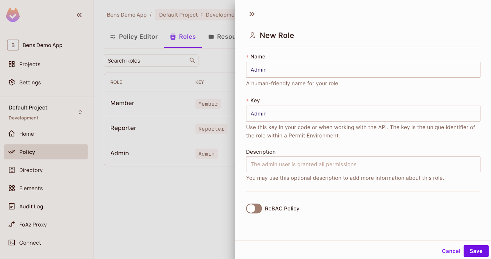 Screenshot of Permit.io's Roles section in the Policy Editor with the New Role interface showing for the creation of an Admin role.