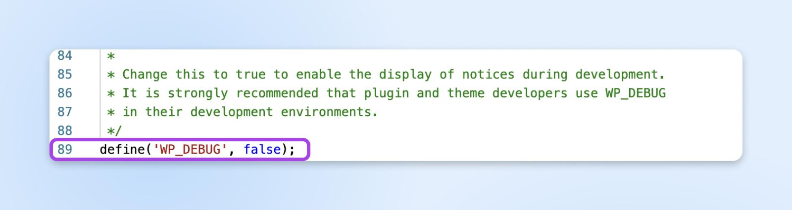 Archivo de configuración de WordPress con la constante WP_DEBUG establecida como false en la línea 89.