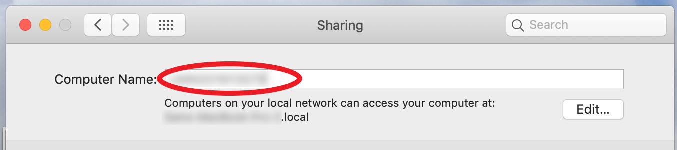 In the Sharing panel, the name in the Computer Name field is circled