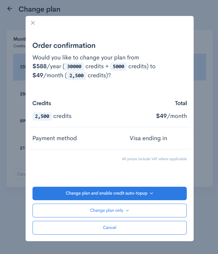 Pay for plan downgrade on Proxycurl dashboard