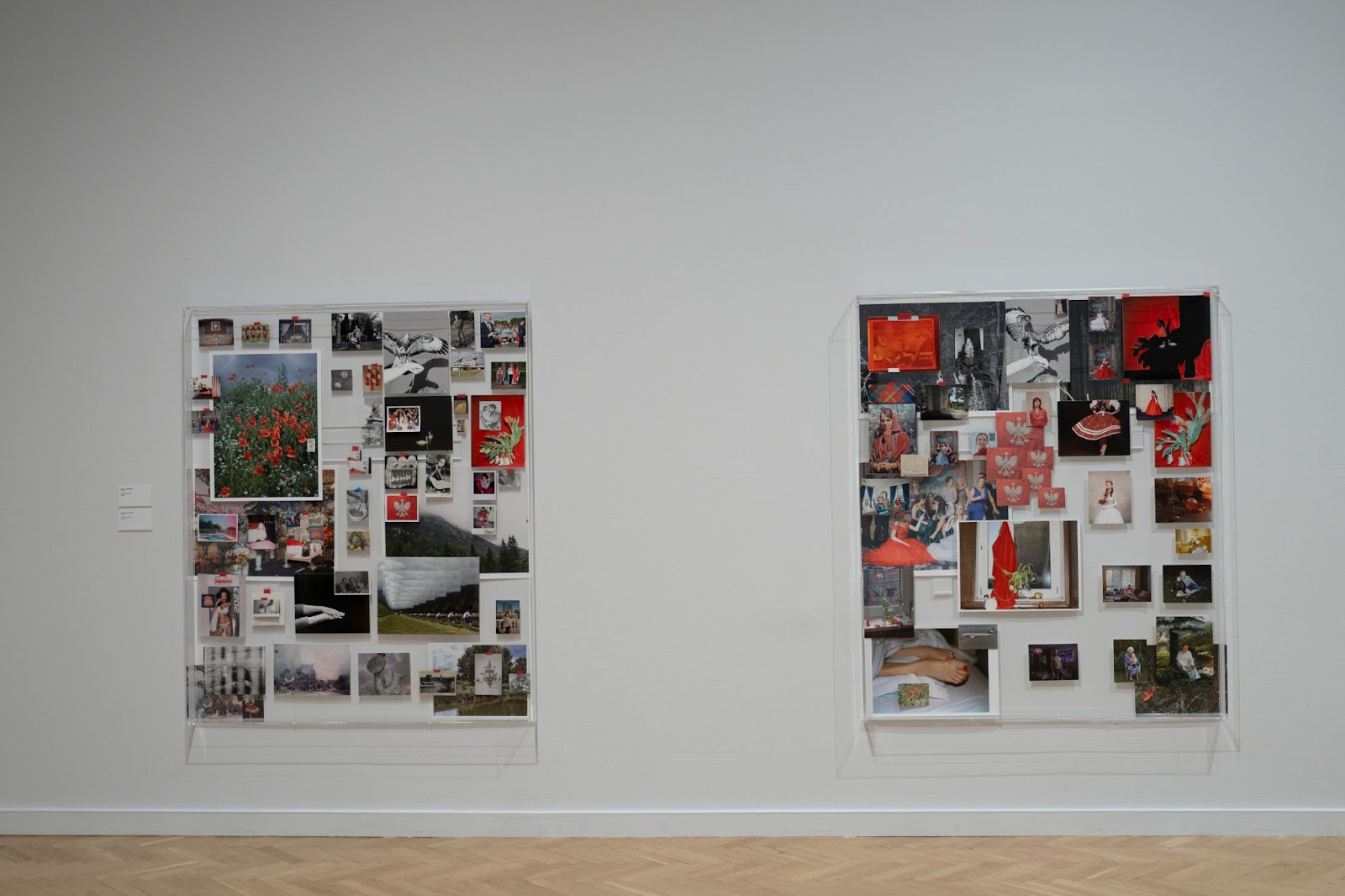 Image: Installation view, two collages by Marzena Abrahamik at the Chicago Cultural Center. The collages are two large glass frames hung against white walls with printed-out images organized and taped onto them. Courtesy of Villa Albertine.