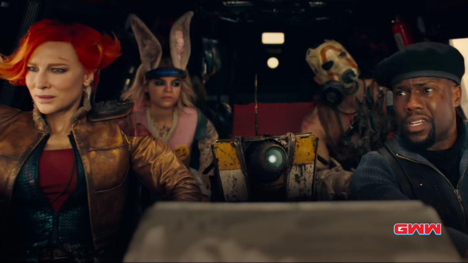 Roland, Lilith, Tiny Tina, and Krieg sitting in a car, cast of Borderlands.movie