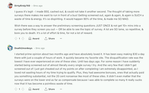 Two Prime Opinion users on Reddit who both feel they get screened out too often from the surveys. 