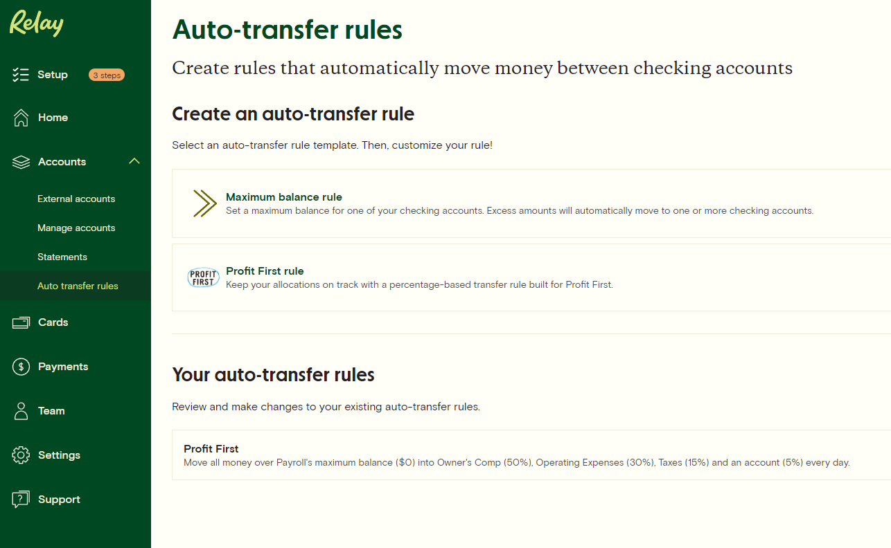 Implement the profit first method with Relay and take advantage of making profit first allocations to free checking accounts.