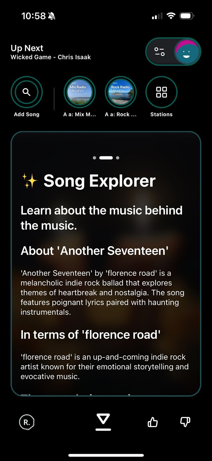 Alt=Radiant app screenshot showing “Song Explorer” giving more intel on a song “Another Seventeen” by florence road and explaining that it has poignant lyrics and explores themes of heartbreak and nostalgia